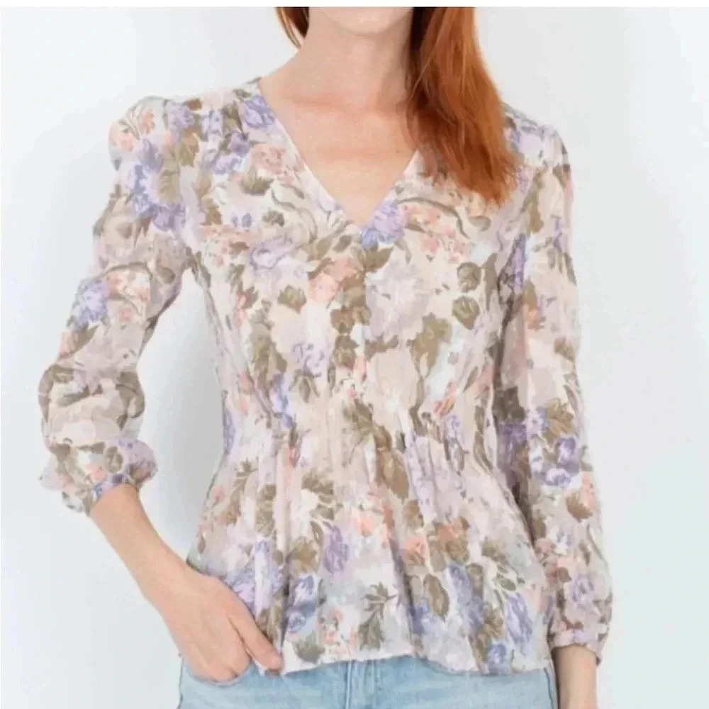 Rebecca Taylor Textured Feminine Floral Silk V Neck Penelope Blouse Size Small